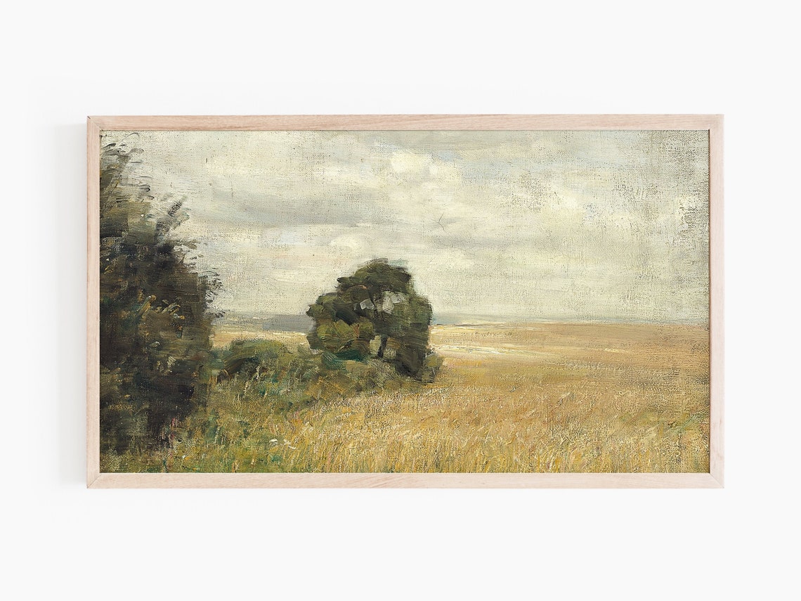 Muted Vintage Lone Tree Golden Field Cloudy Sky Landscape Print - Image 2