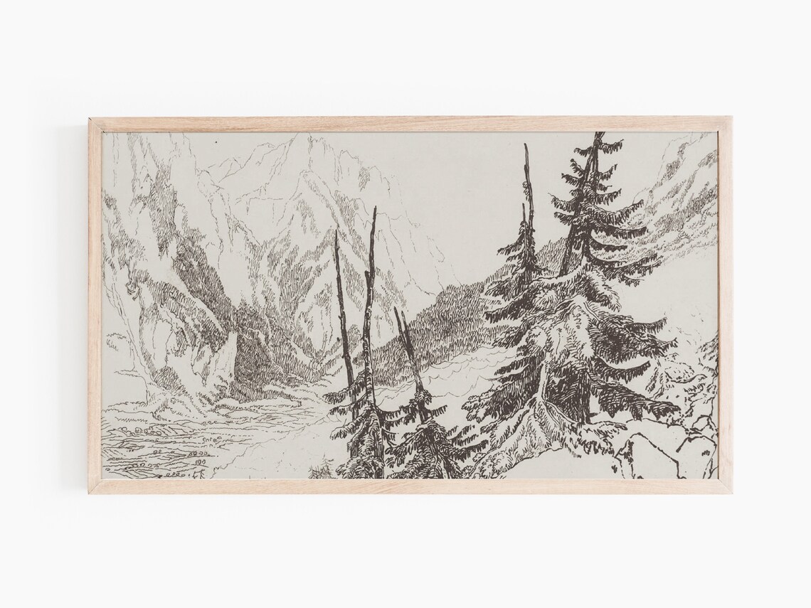 Rustic Mountain Pine Tree Landscape Sketch, Vintage - Image 2