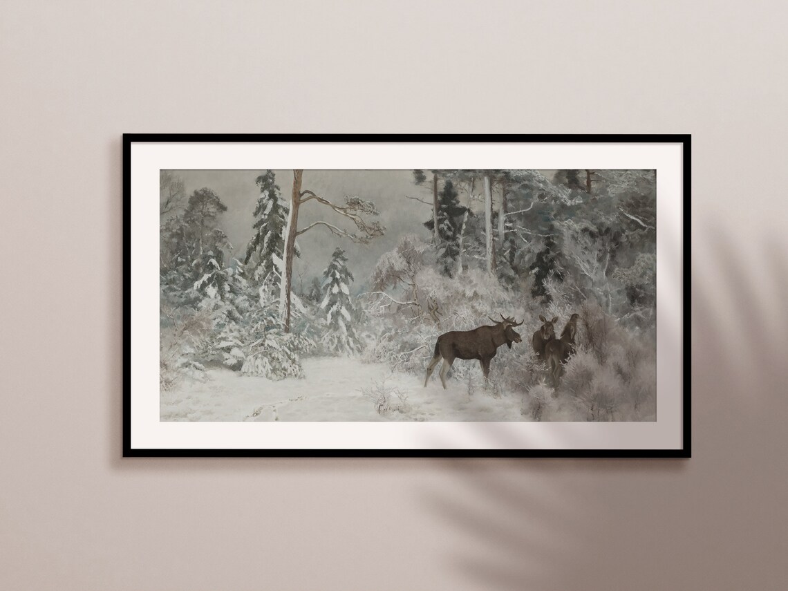 Moose Herd Snowy Pine Forest Winter Wildlife Landscape Print - Image 2