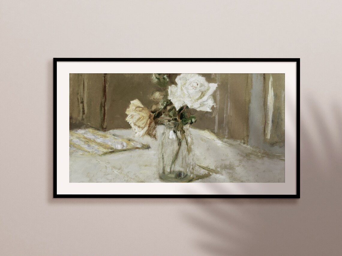 White Roses In Glass Vase Still Life Painting Vintage Floral Wall Art - Image 2