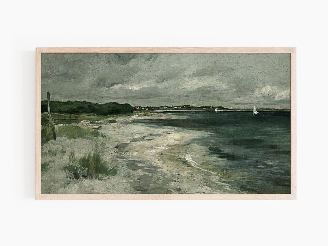 Moody Vintage Seascape Painting Sailboat Cloudy Coast Wall Art - Image 3