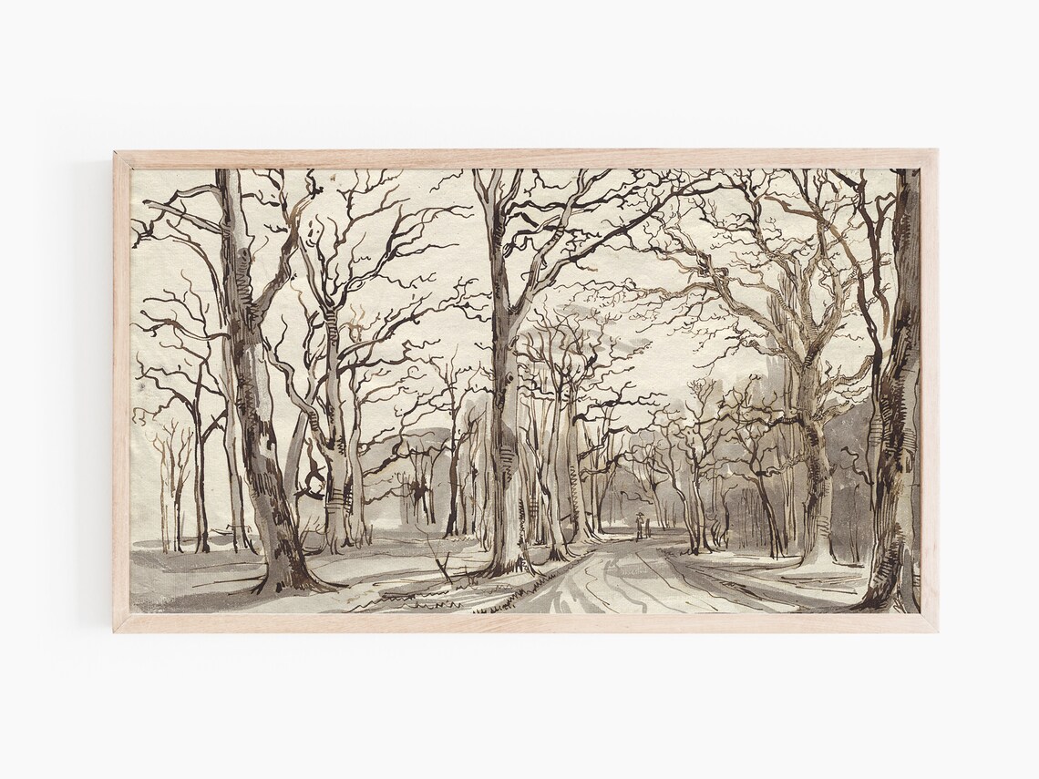 Bare Winter Woodland Road Ink and Wash Vintage Landscape Art Print - Image 2