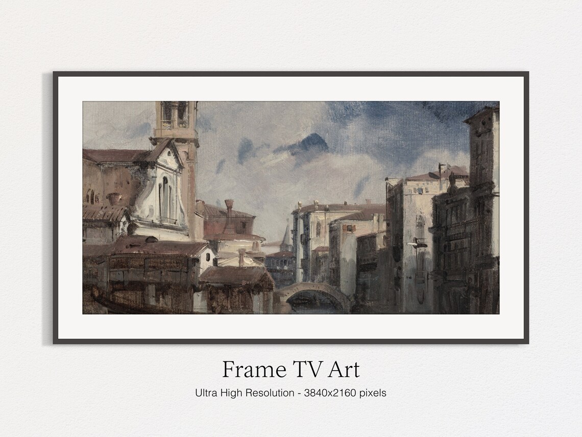 Vintage Venice Canal Painting Italian Church Tower Bridge Wall Art - Image 5