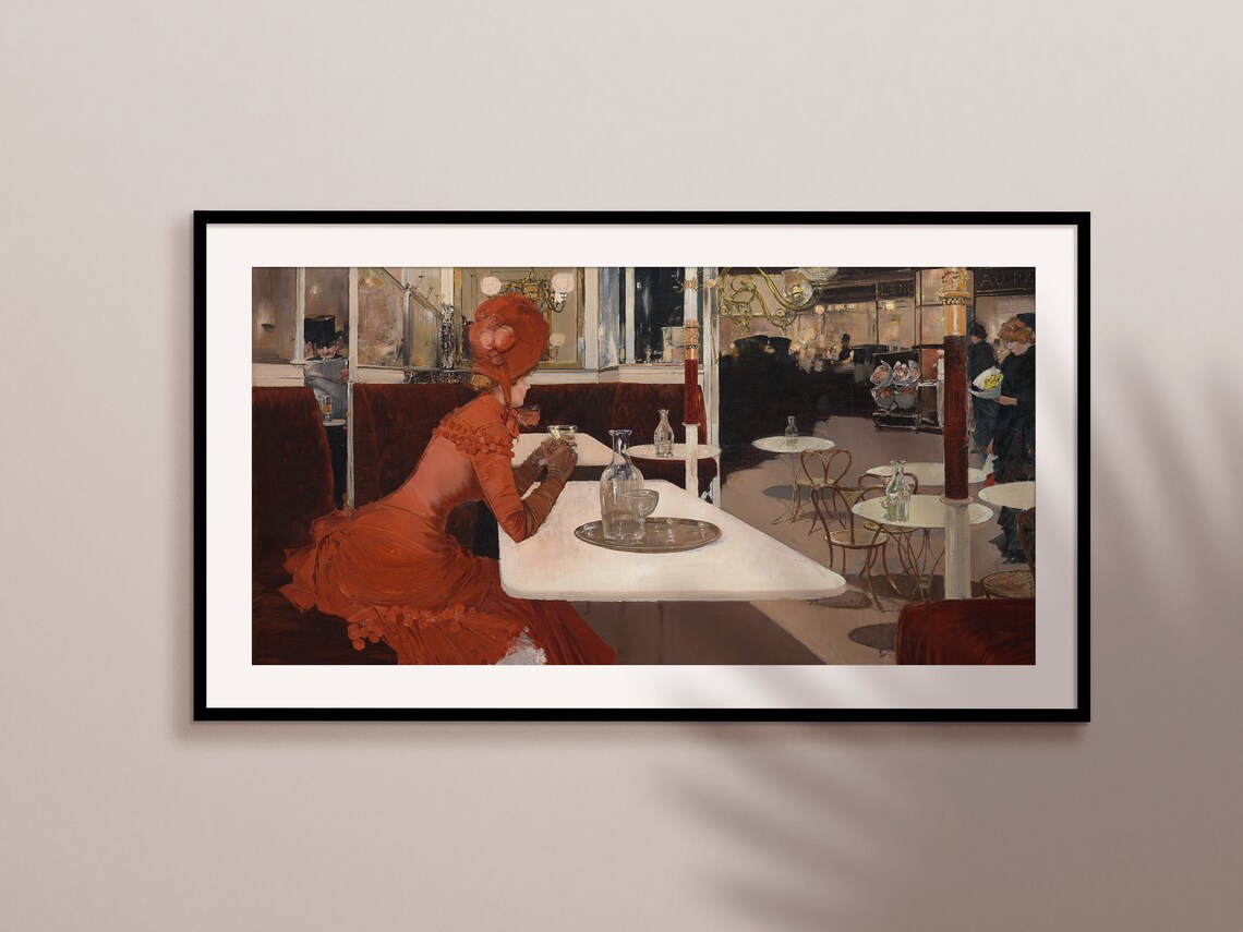 Woman In Red Dress At Parisian Cafe Marble Table Vintage Art Print - Image 2