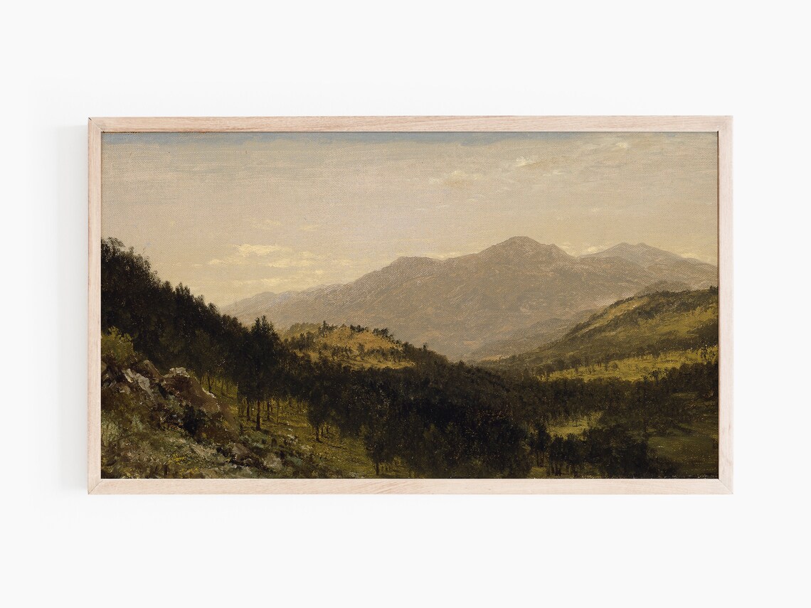 Hazy Golden Mountain Valley Vintage Oil Painting Landscape Wall Art - Image 3