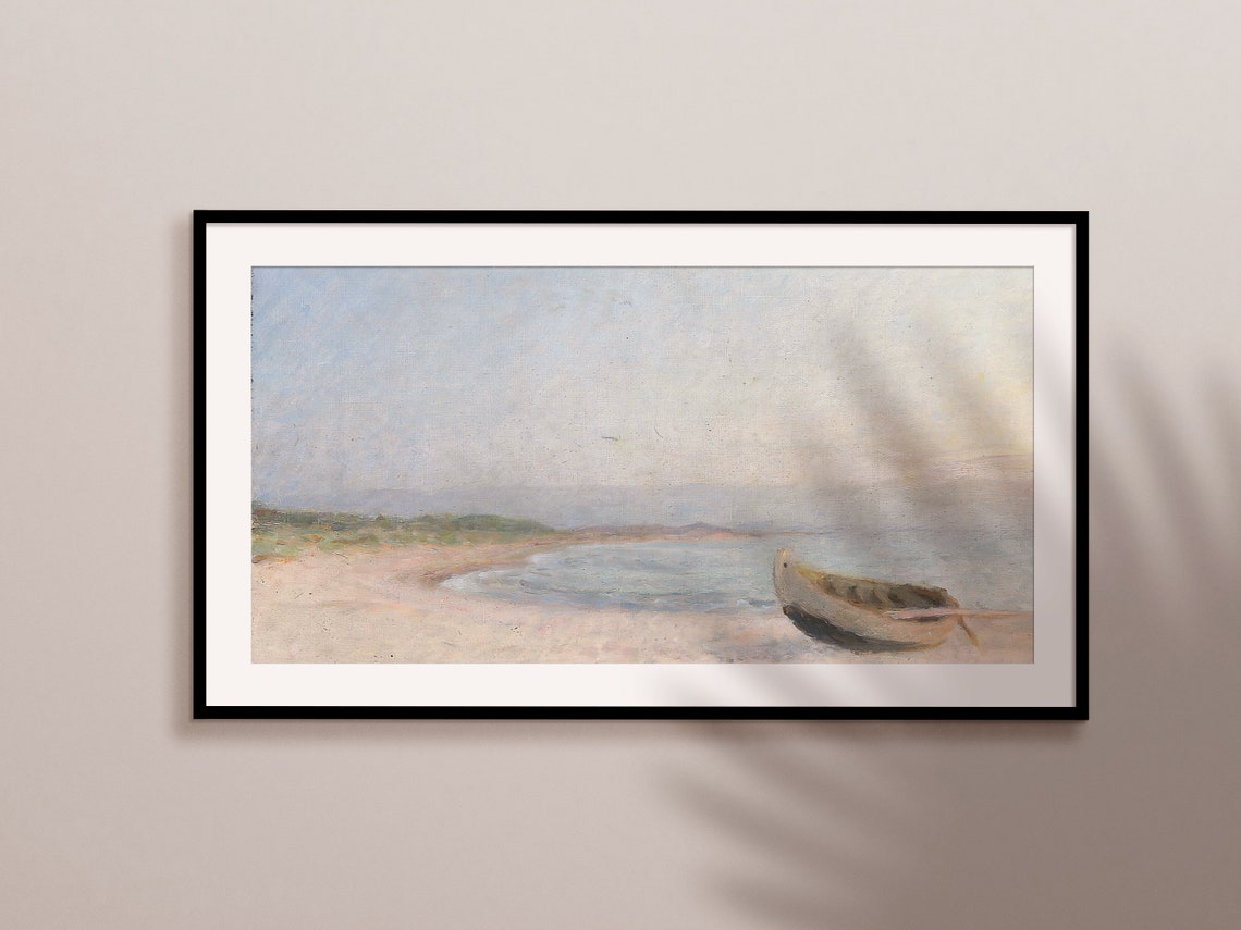 Pastel Seascape Rowboat On Pale Beach Dawn Coastal Tranquil Art Poster - Image 2