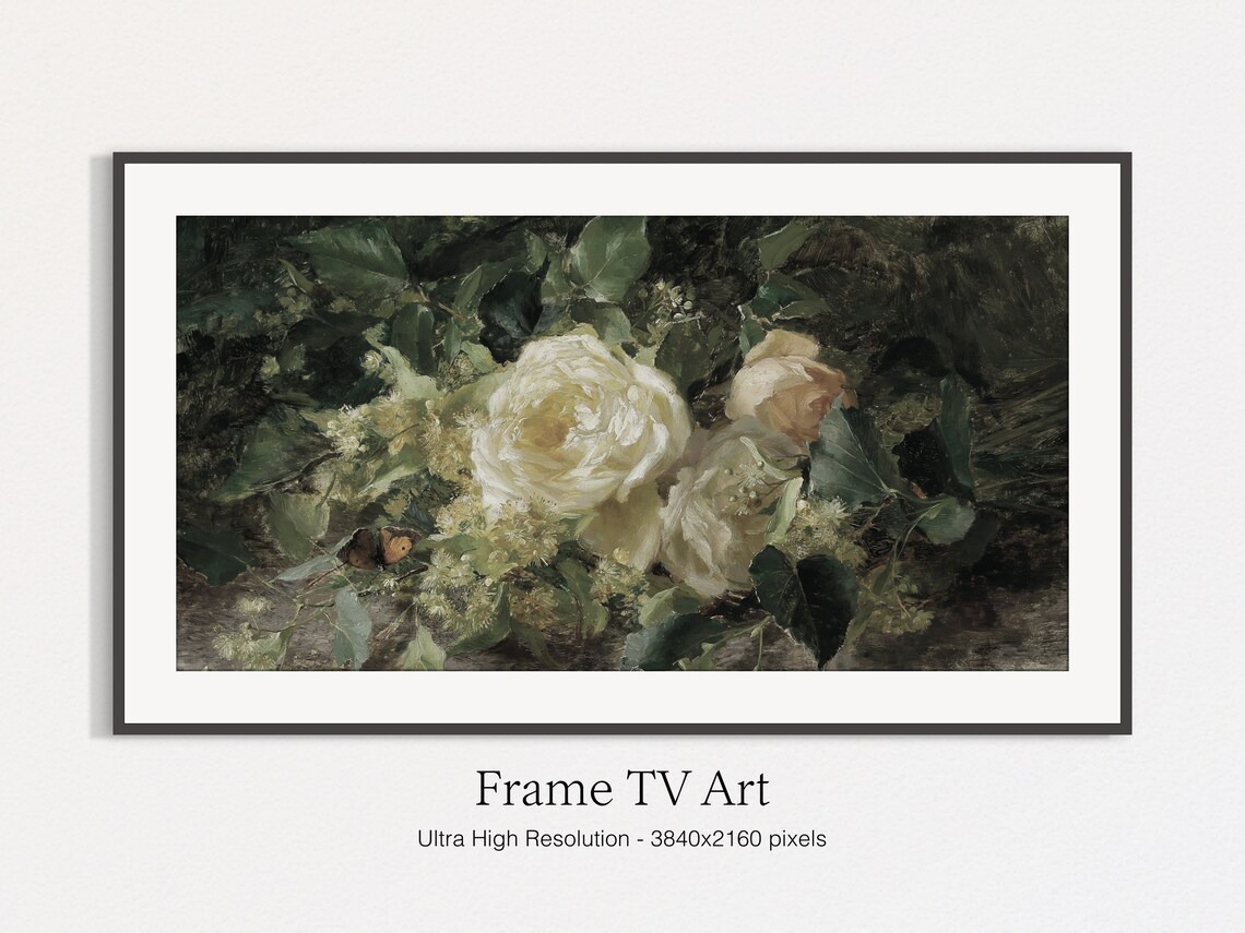 White Roses Still Life Painting Dark Moody Romantic Floral Wall Art - Image 5