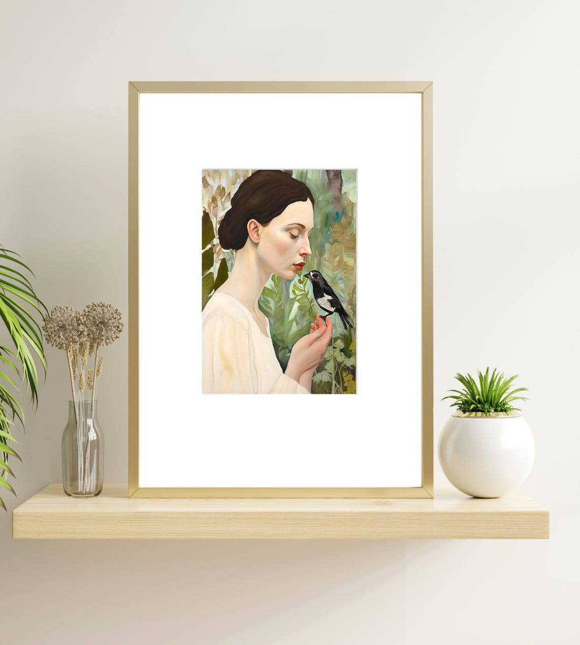 Woman Profile Holding Small Bird Botanical Fine Art Painting Poster - Image 4