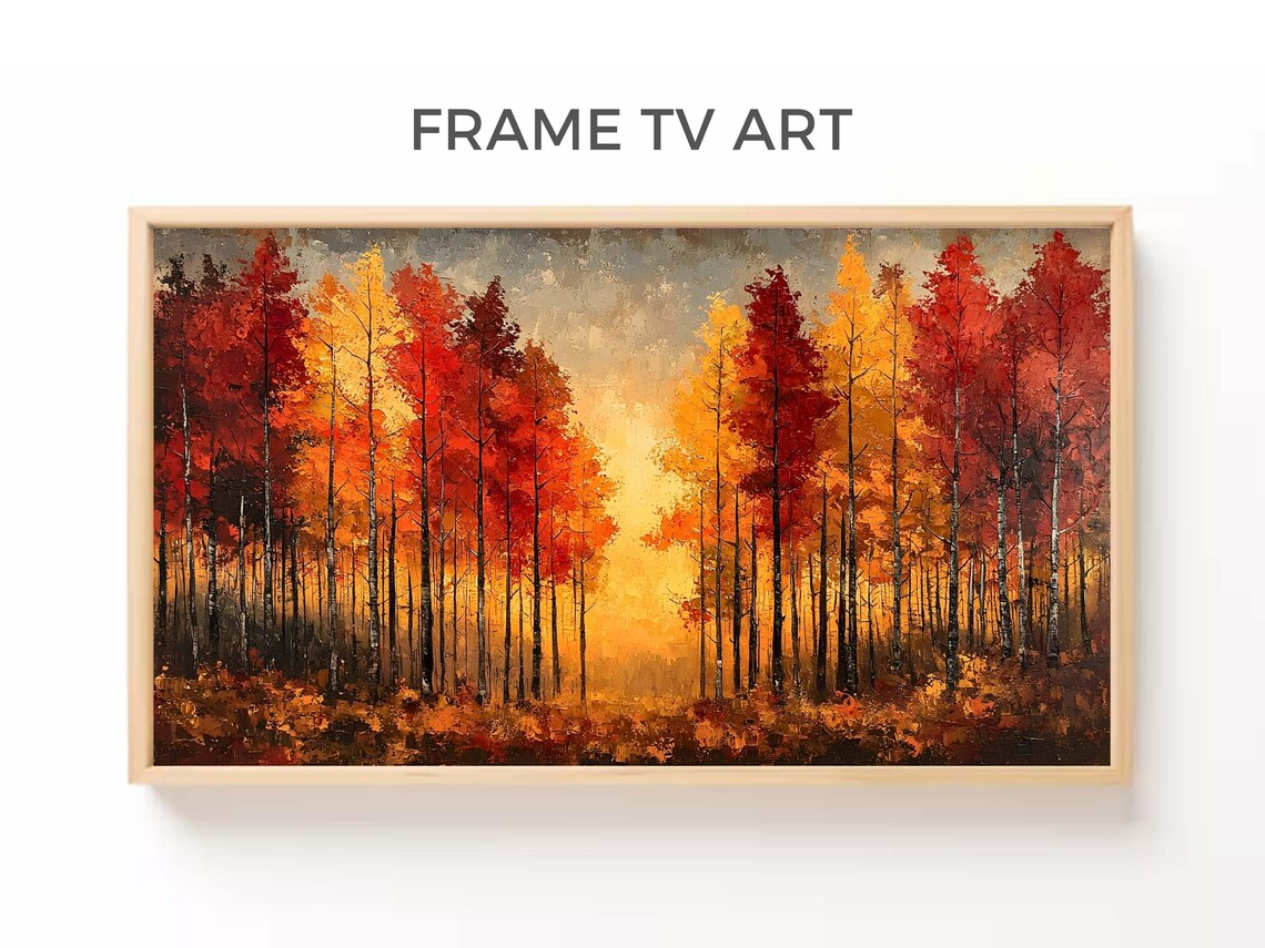 Fiery Red Autumn Forest Sunset Golden Fall Trees Textured Oil Painting Poster