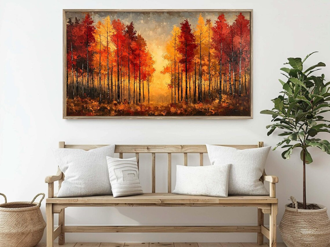 Fiery Red Autumn Forest Sunset Golden Fall Trees Textured Oil Painting Poster - Image 2
