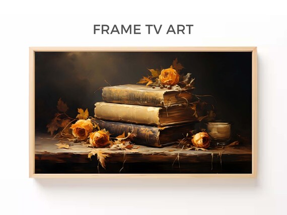 Moody Antique Book Stack Autumn Roses Still Life Vintage Oil Painting Poster