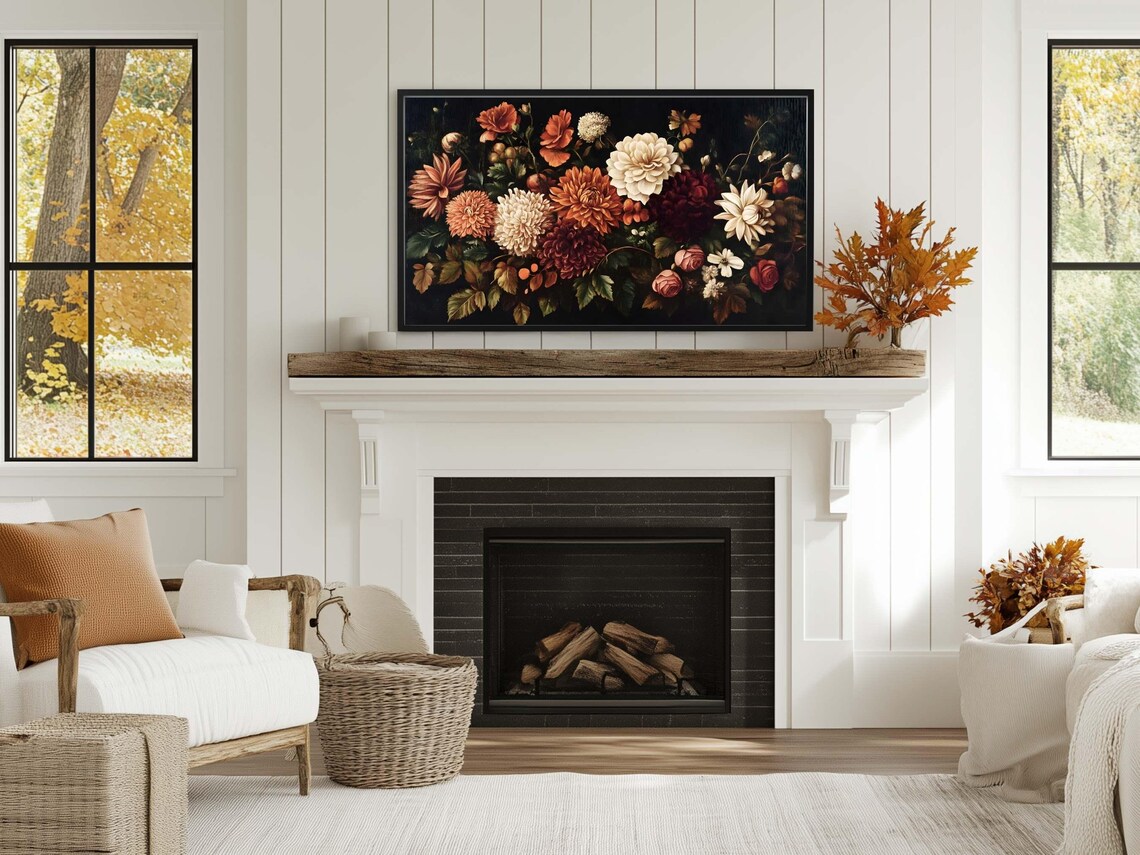 Moody Dark Floral Oil Painting Autumn Chrysanthemums Wall Art Poster Print - Image 3
