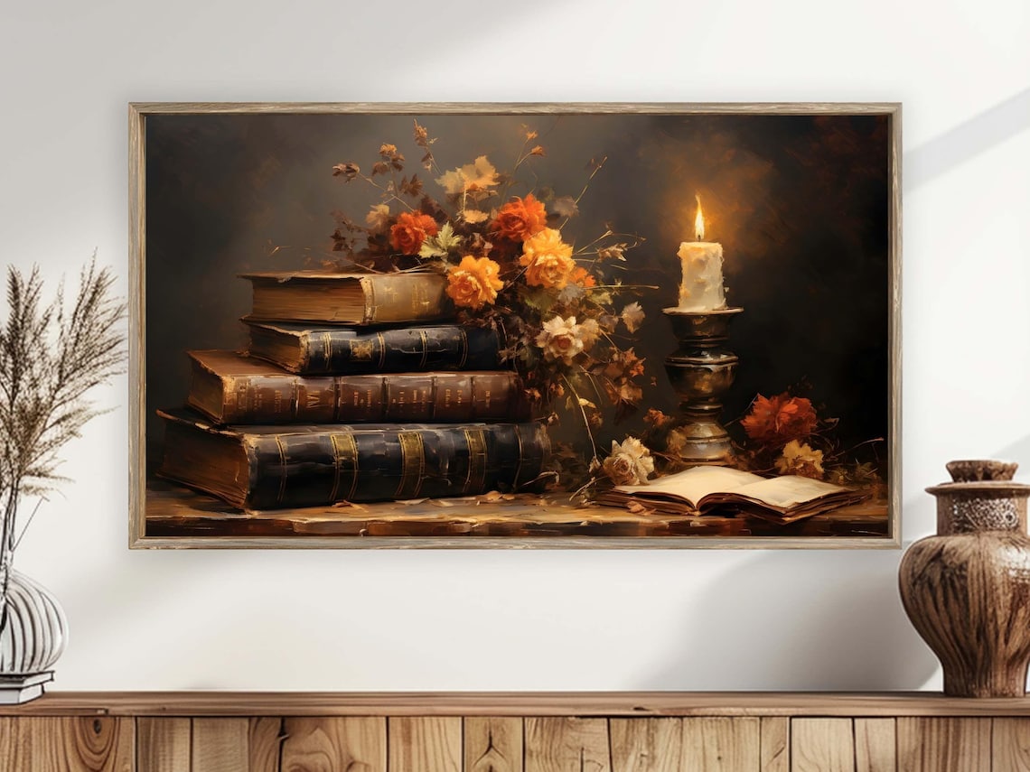 Antique Books Stack Candlelit Autumn Flowers Moody Vintage Still Life Poster - Image 3