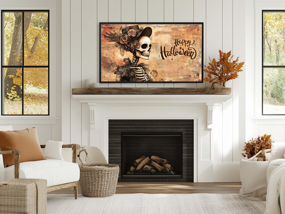 Vintage Skeleton Floral Hat Happy Halloween Script Spooky Wall Art Poster - Image 3