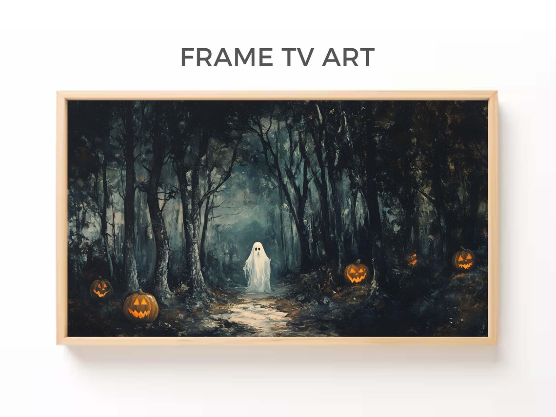 Vintage Ghost Spooky Forest Glowing Jack O Lanterns Halloween Art Poster Print