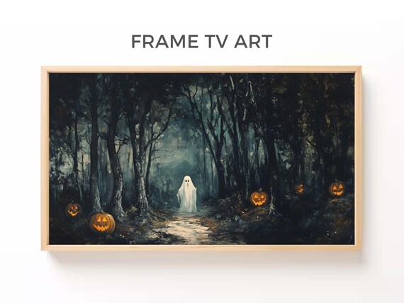 Vintage Ghost Spooky Forest Glowing Jack O Lanterns Halloween Art Poster Print