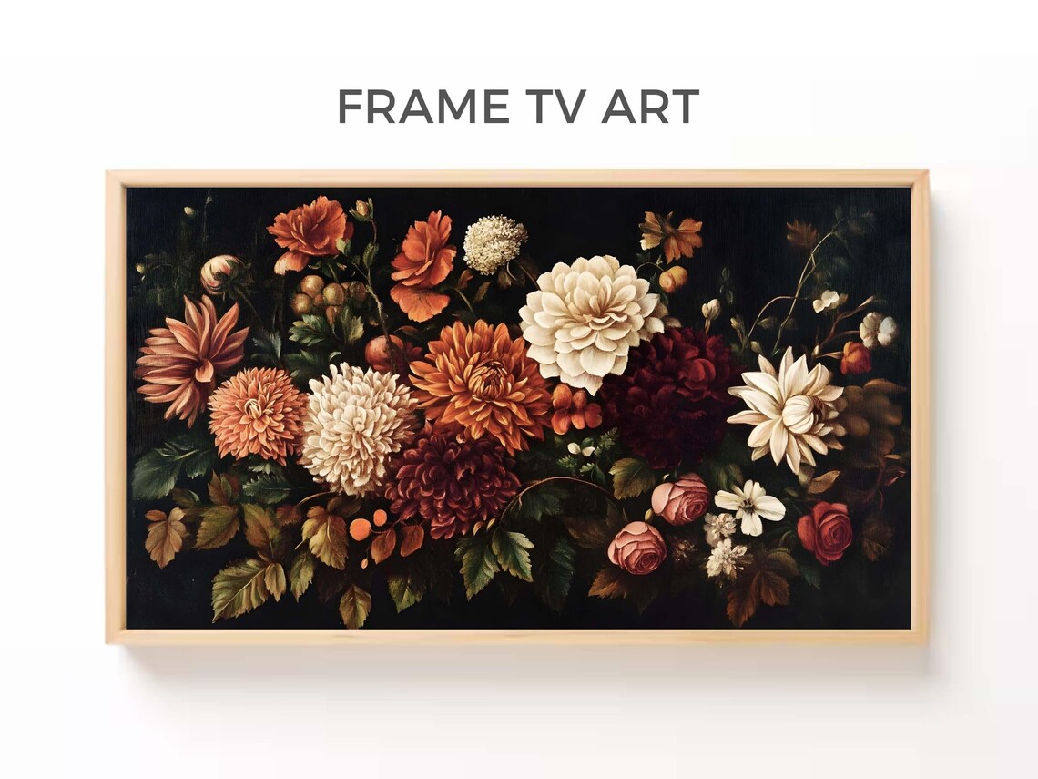Moody Dark Floral Oil Painting Autumn Chrysanthemums Wall Art Poster Print