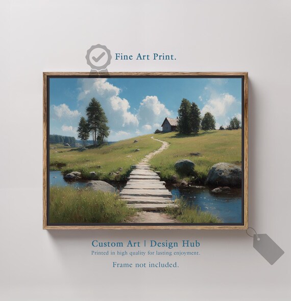 Rustic Cottage Wooden Footbridge Summer Meadow Landscape Art Poster