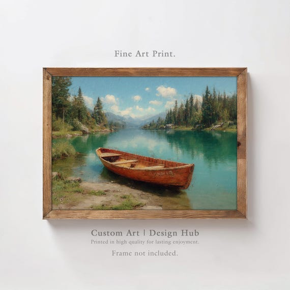 Red Boat Art Print Mountain Lake Wall Decor Rustic Landscape Painting