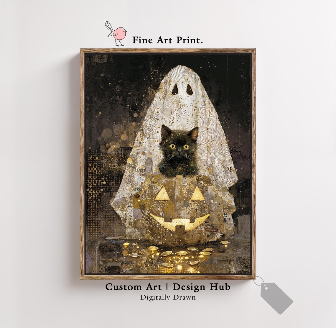 Halloween Cat Art Print Spooky Wall Decor Black Kitten And Pumpkin Illustration