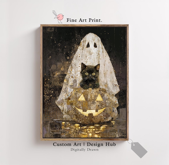 Halloween Cat Art Print Spooky Wall Decor Black Kitten And Pumpkin Illustration