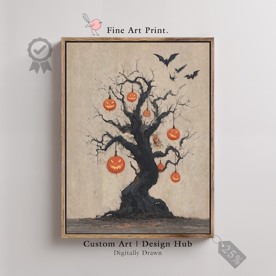 Spooky Halloween Tree Art Print Gothic Jack Olanterns And Bats