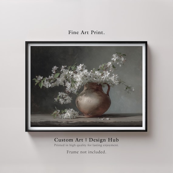 White Blossom Still Life Painting Rustic Clay Jug Dark Mood Poster