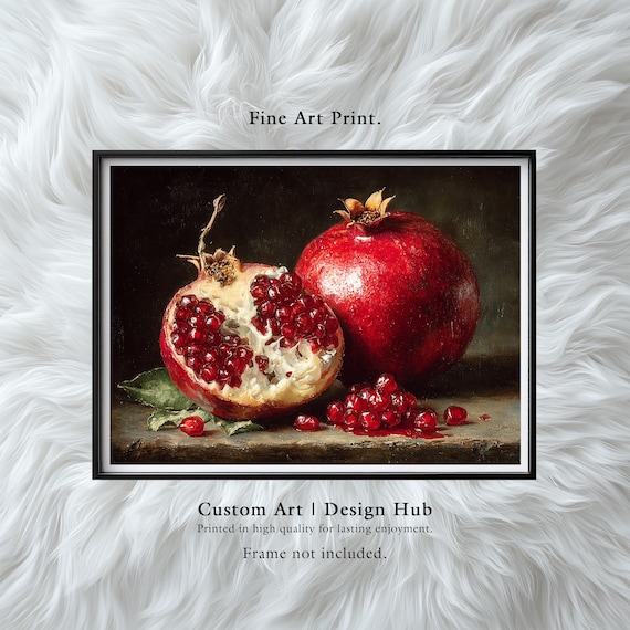 Pomegranate Still Life Oil Painting Rich Red Fruit Kitchen Wall Art