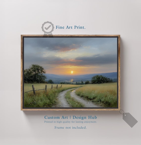 Golden Field Sunset Dirt Road Fence Impressionist Landscape Art Poster