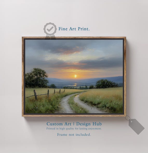 Golden Field Sunset Print Impressionist Landscape Painting Rustic Home Decor