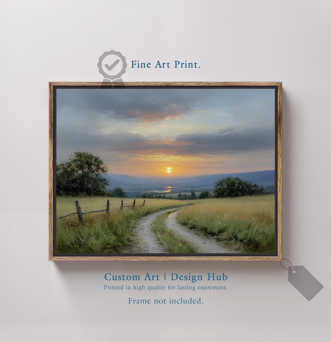 Golden Field Sunset Dirt Road Fence Impressionist Landscape Art Poster