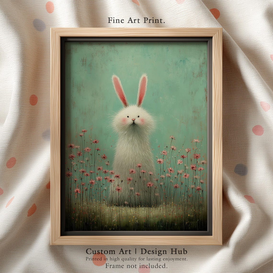 Fluffy Bunny Wildflower Meadow Poster Whimsical Nursery Rabbit Art