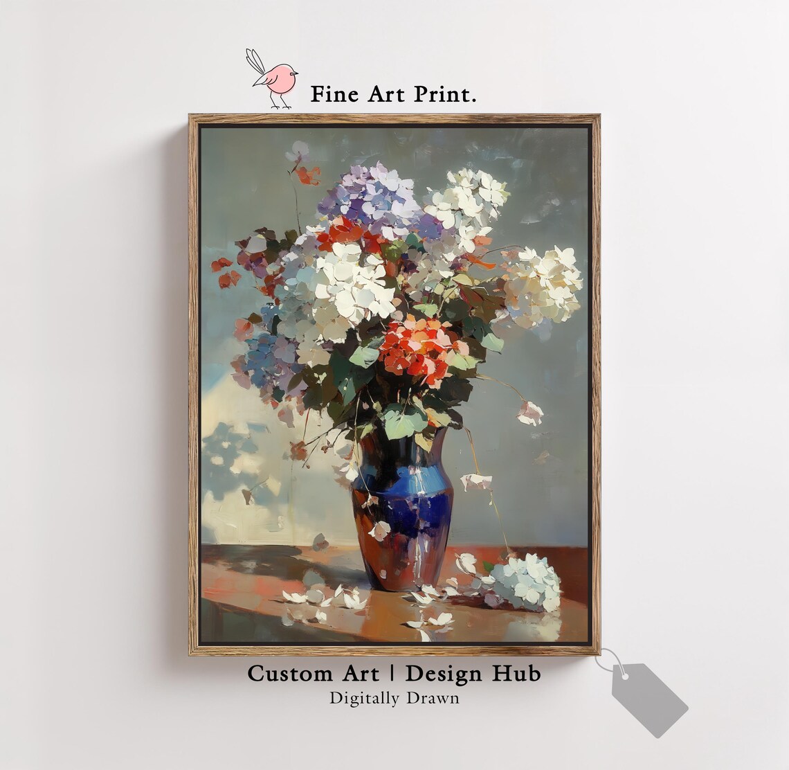 Hydrangea Floral Print, Vintage Vase Still Life