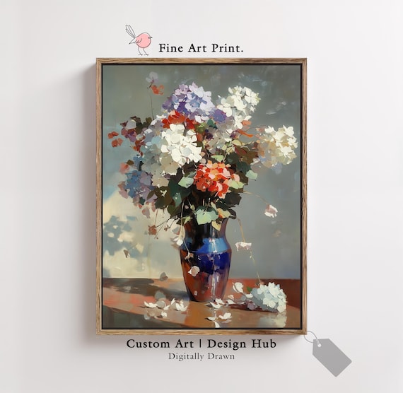 Hydrangea Floral Print, Vintage Vase Still Life