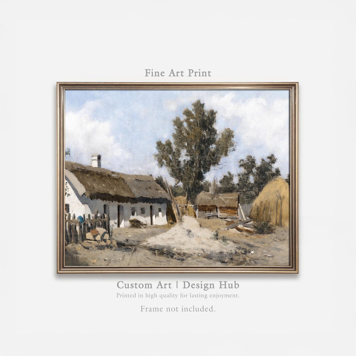Rustic Thatched Farmhouse With Haystack Vintage Rural Painting Print