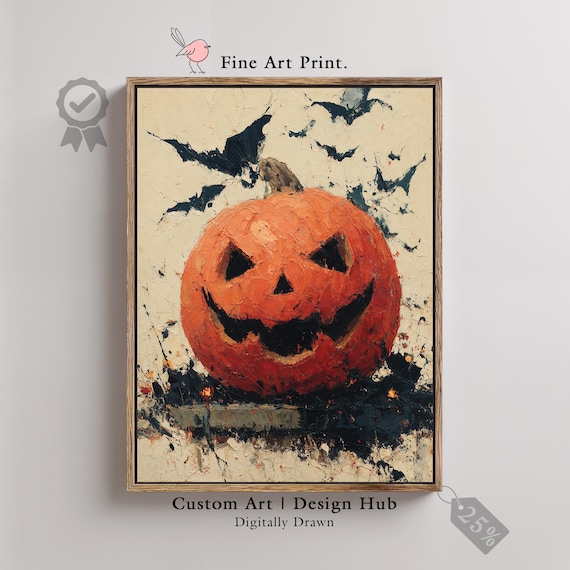 Spooky Jack O Lantern Print Rustic Halloween Bats Art