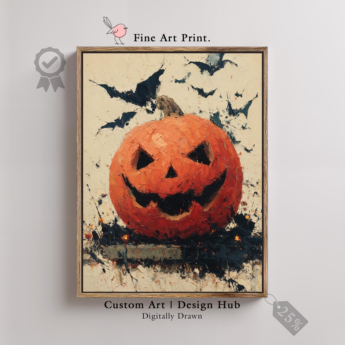 Spooky Jack O Lantern Print Rustic Halloween Bats Art