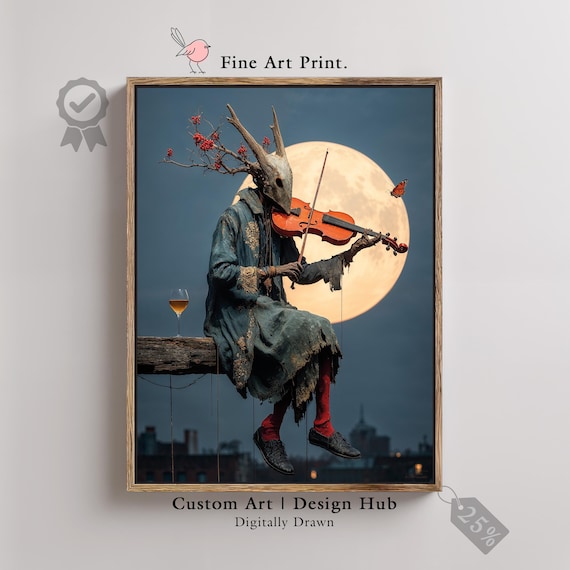 Surreal Gothic Art Print Masked Violinist Under Moon