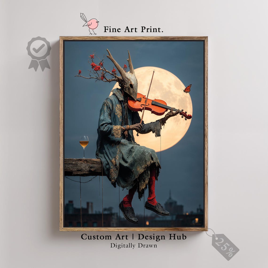 Masked Antlered Violinist Under Full Moon Surreal Gothic Art Print