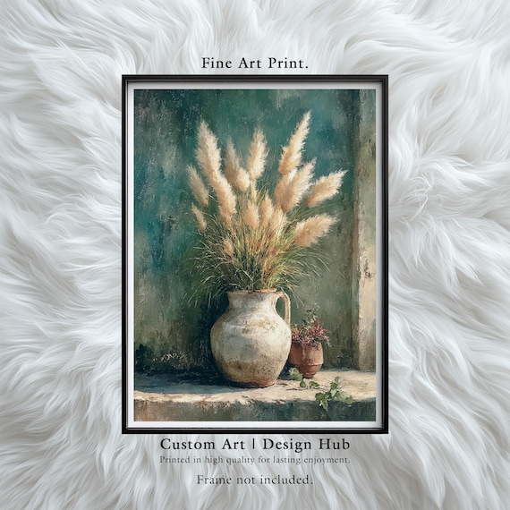 Pampas Grass Art Print Rustic Clay Vase Boho Farmhouse Decor