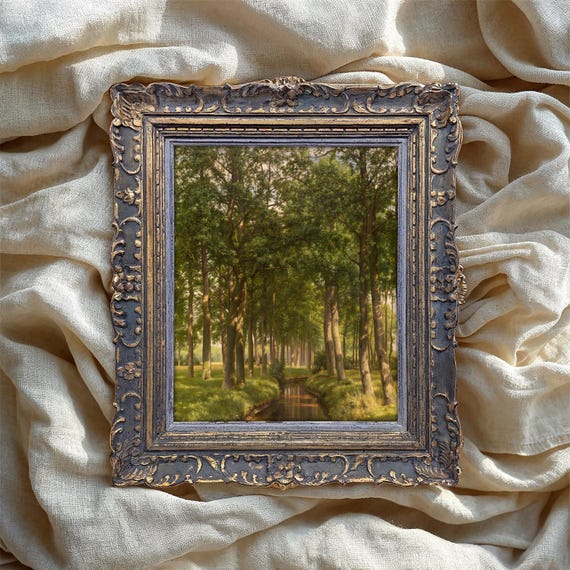 Forest River Oil Painting Vintage Art Print Green Landscape Poster Rustic Wall Decor