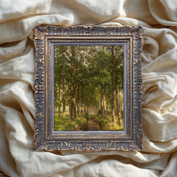 Green Forest River Vintage Oil Painting Woodland Stream Poster