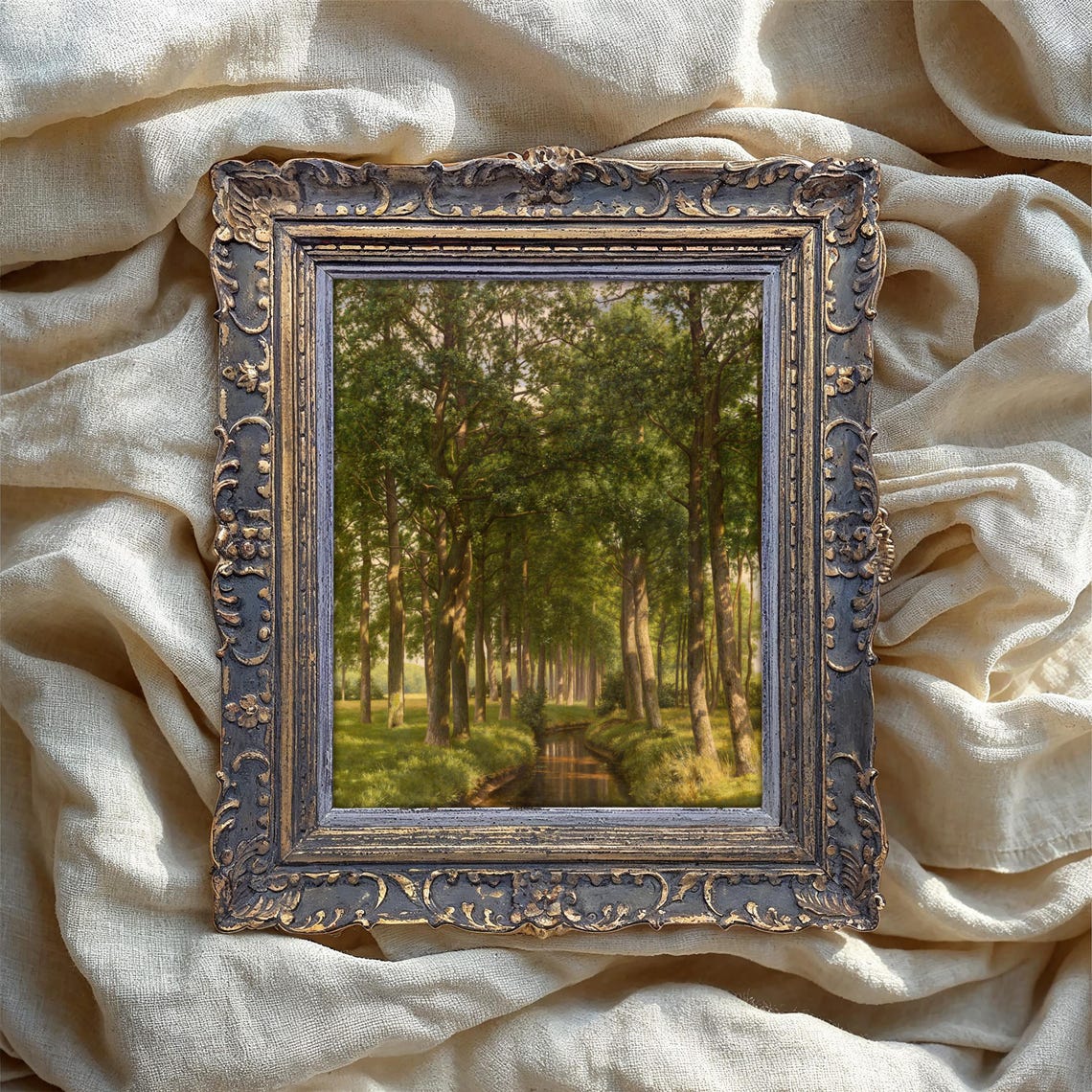 Green Forest River Vintage Oil Painting Woodland Stream Poster