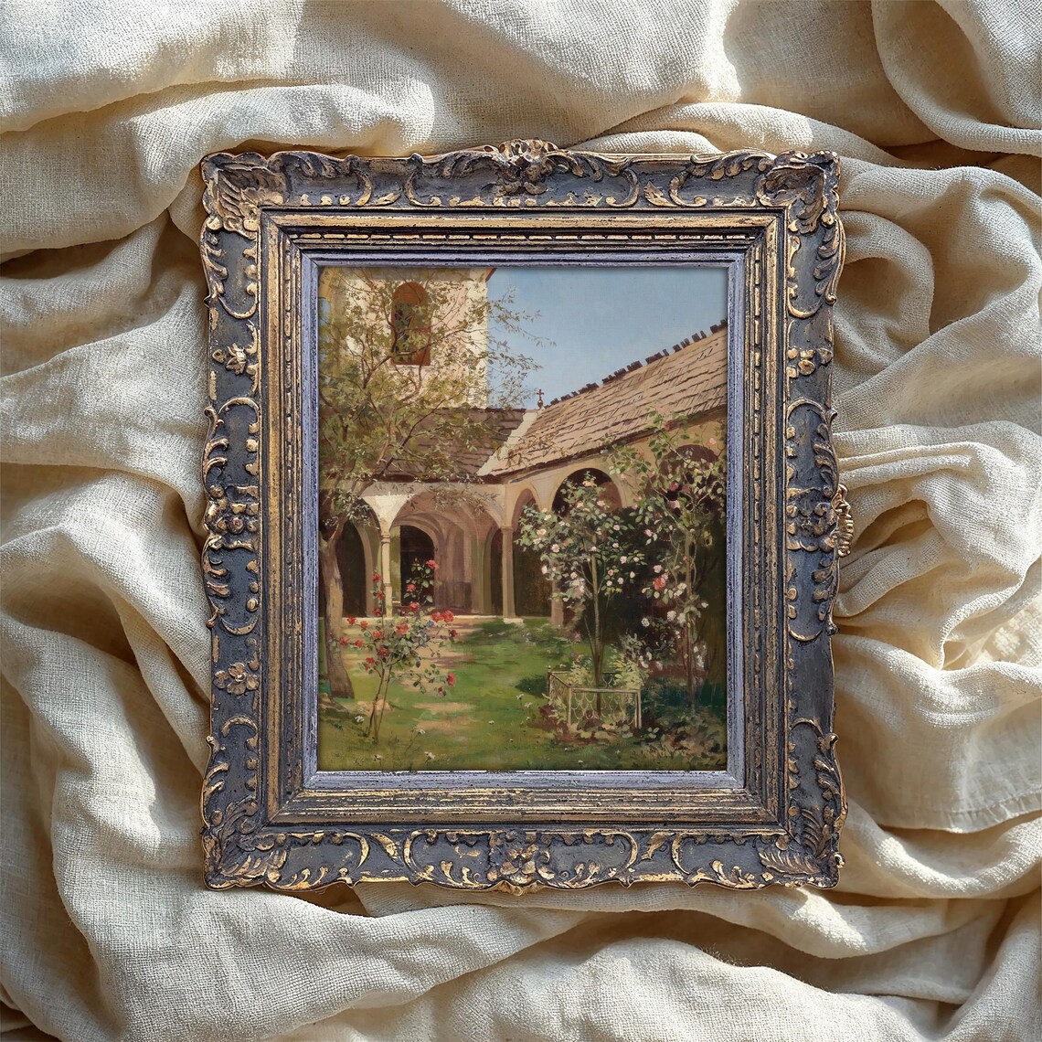 Cloister Garden Vintage Art Print, Courtyard Flowers