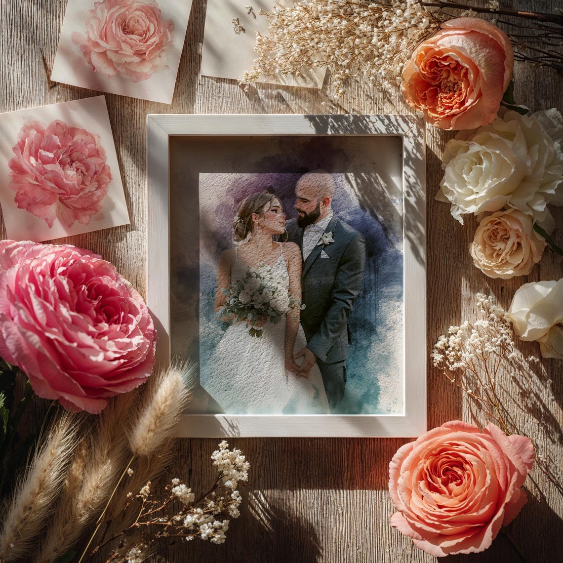 Romantic Custom Watercolor Wedding Couple Portrait Art Poster