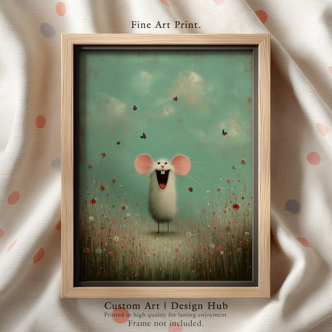 Laughing Mouse in Wildflower Meadow Whimsical Nursery Poster