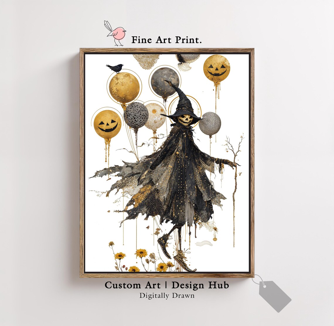 Halloween Witch Wall Art Gothic Black And Gold Print With Balloons Spooky Decor