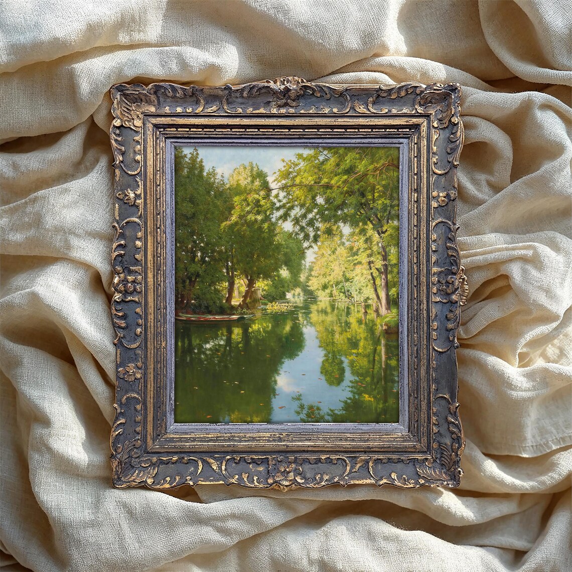River Boat Vintage Art Print, Rustic Landscape