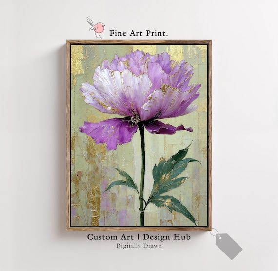 Purple Peony Wall Art Gold Leaf Effect Botanical Print Elegant Floral Home Dcor