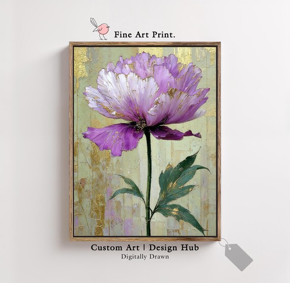 Purple Poppy Flower Elegant Fine Art Print Gold Leaf Botanical Wall Decor